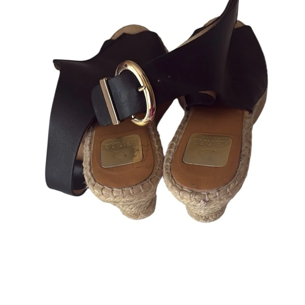 Kanna wedge sling back espadrille, black leather gold buckle, size 41=10/10.5